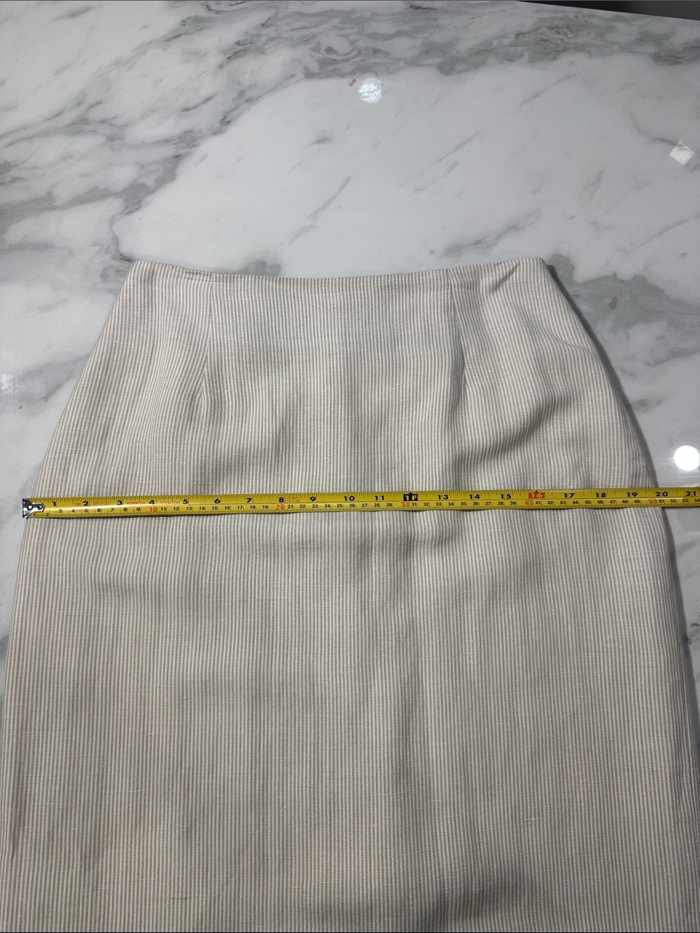 VINTAGE 90s LINEN Classic Cream White Tan Beige Striped Midi Pencil Skirt Medium - Picture 12 of 13